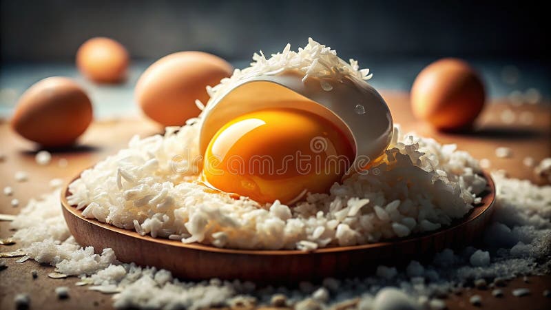 A Delicate Dance of Textures CloseUp of a Cracked Egg Yolk Nestled Among Fluffy Rice Grains Perfecting a royalty free illustration