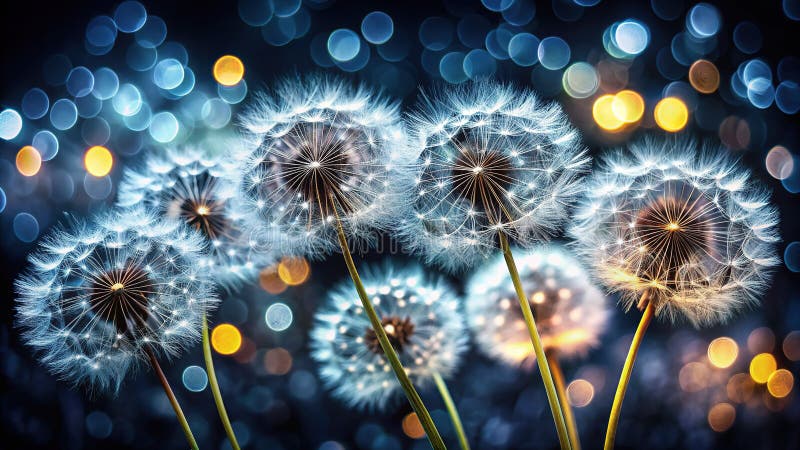 Delicate Dandelion Seeds Float on a Dark Dreamy Bokeh Background A Macro Photography Masterpiece. This captivating macro photograph showcases the ethereal beauty of dandelion seeds. A close-up view reveals the soft, fluffy texture of the seeds against a striking, dark bokeh background. The light, airy quality of the floating seeds creates a whimsical and artistic composition, perfect for evoking a sense of wonder and magic. The subtle details and delicate structure of each seed are