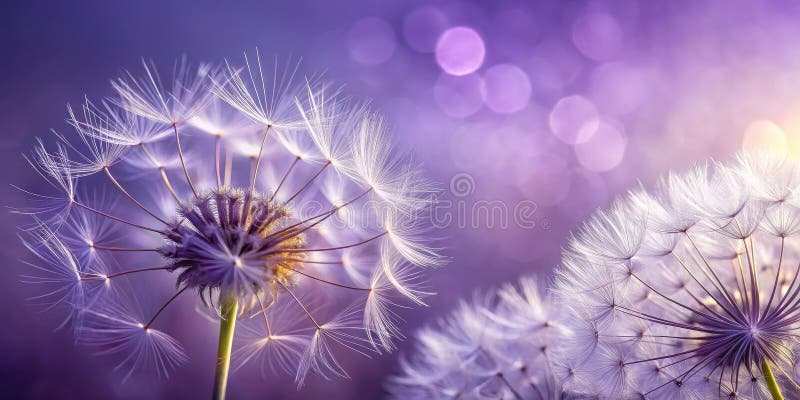 Delicate Dandelions in a Soft Purple Glow, Seeds Floating on the Breeze, Nature s Gentle Beauty. Generative AI. Visual Composition, Generative AI.