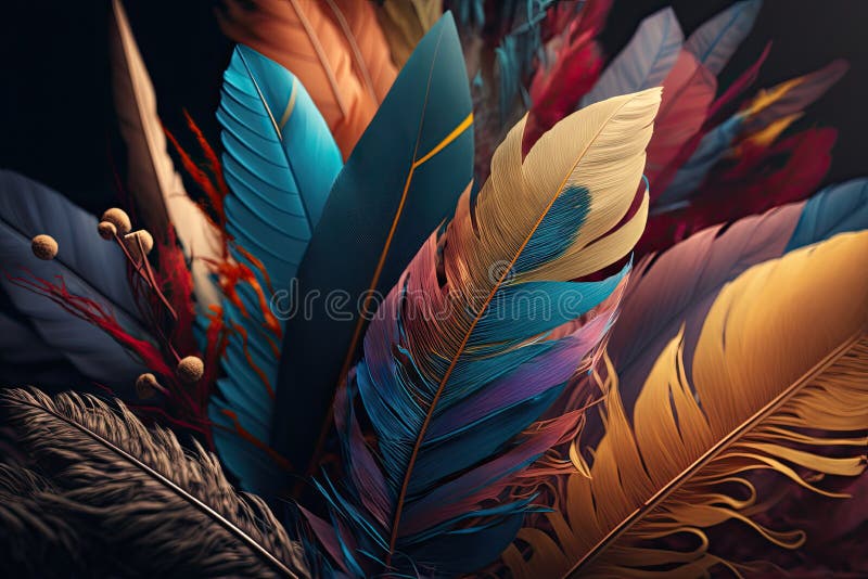 Delicate and detailed bouquet of feathers. Soft abstract colorful. Unique decoration quills and plumes. stock illustration