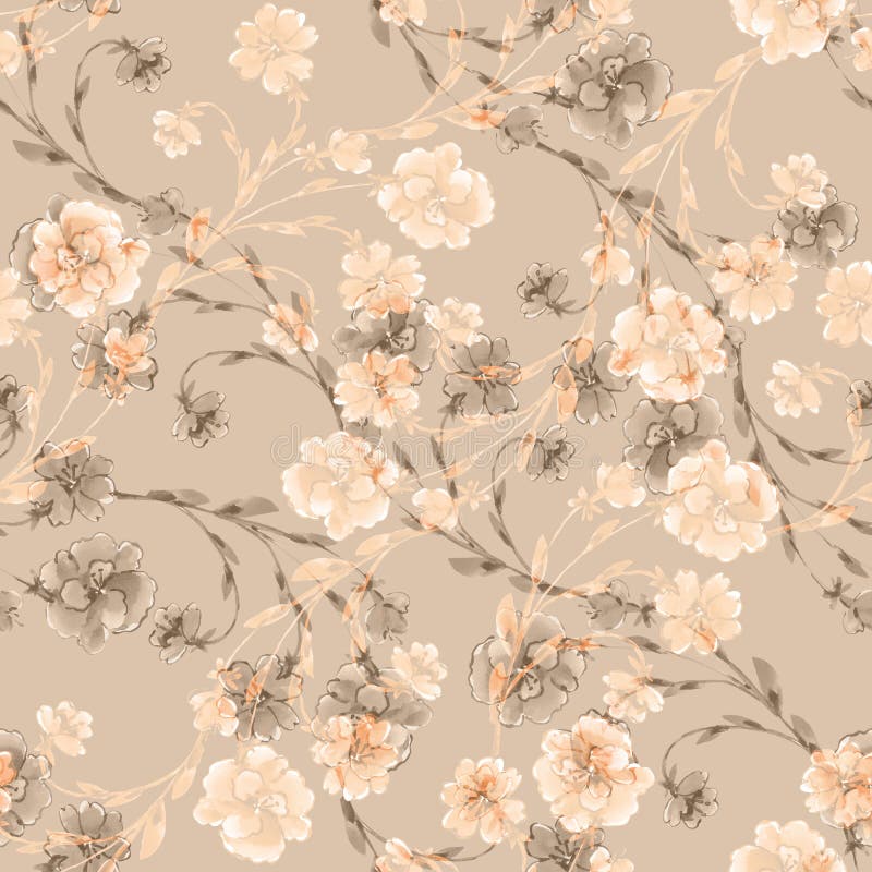 Delicate Flowers on Beige Background.. Seamless Pattern for Design