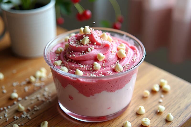 Delicate fragole e yogurt di vaniglia con conifere di cioccolato bianco in ciotola di vetro immagini stock