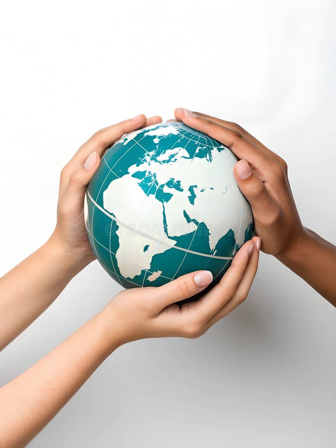 Delicate Hands Holding a Globe to Symbolize Global Unity and Awareness. Two hands gently cradle a globe, representing a shared responsibility for the Earth. The hands showcase varying skin tones, emphasizing diversity and collective efforts in preserving the planet. This moment captures a sense of connection and awareness of environmental issues affecting all humanity. AI generated