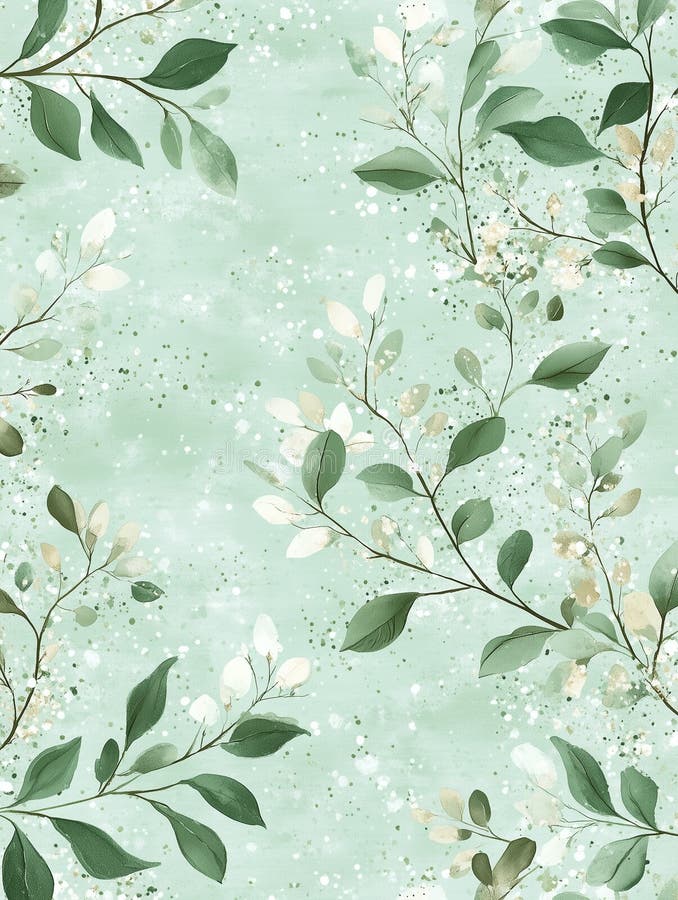 Delicate leaves against a mint green background. A serene mint green backdrop features elegant, delicate leaves scattered throughout. The soft colors create a calming atmosphere, perfect for various design projects