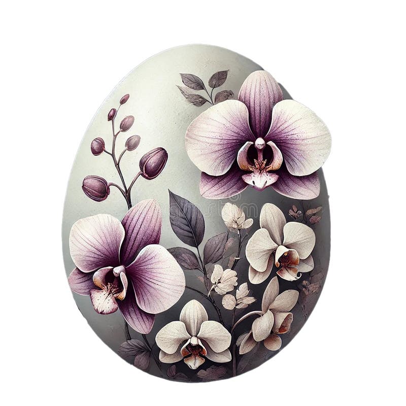 Delicate orchid flowers on a beautifully crafted egg design. For Easter day vector illustration