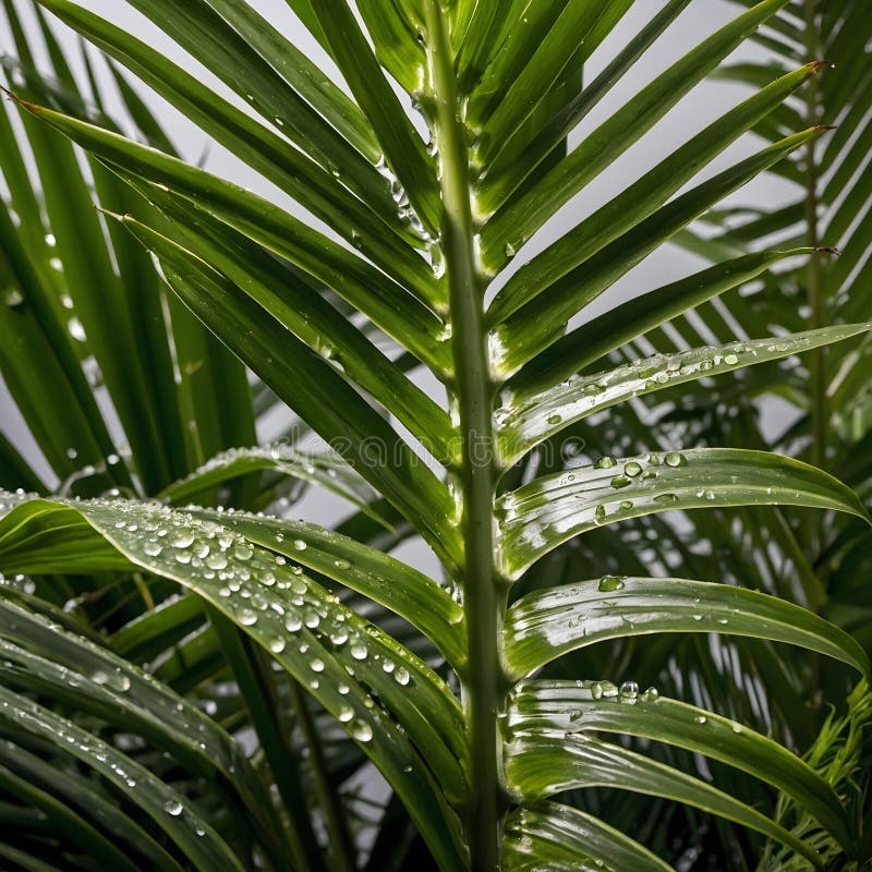Delicate Patterns: A Macro Shot of Palm Fronds with Glimmering Dew and Vein Detail royalty free stock photography