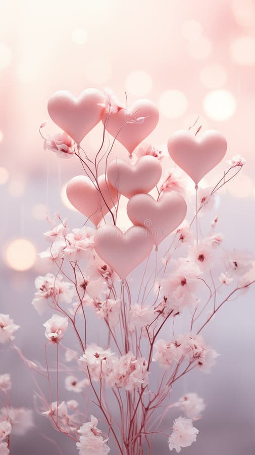 Delicate pink airy pastel background with twigs and hearts. Valentine&x27;s Day card