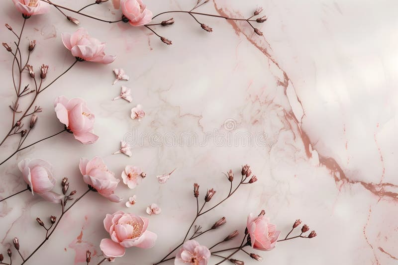 Ramuri florale roz delicate pe fond de marmură vector illustration
