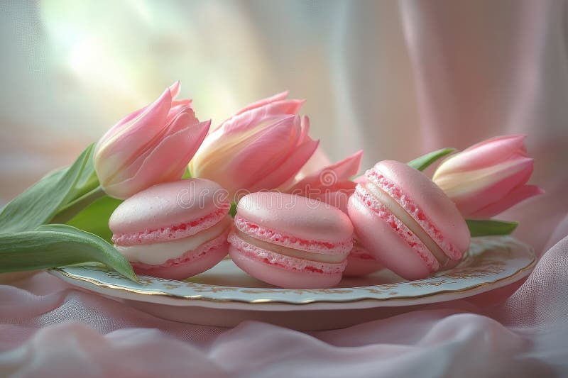 Soft pink macarons on a decorative plate paired with fresh tulips in a bright room stock photo
