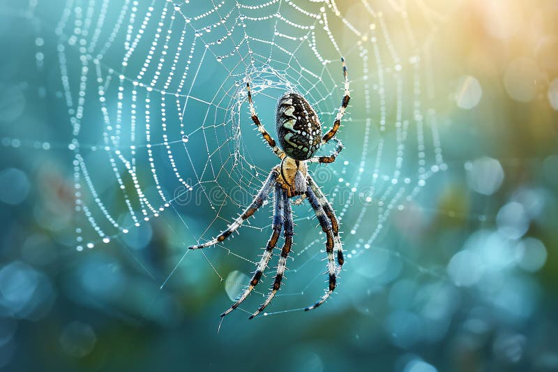 A delicate spider web is woven in the center of an open space, with dewdrops glistening on its threads against a blue and gre royalty free illustration