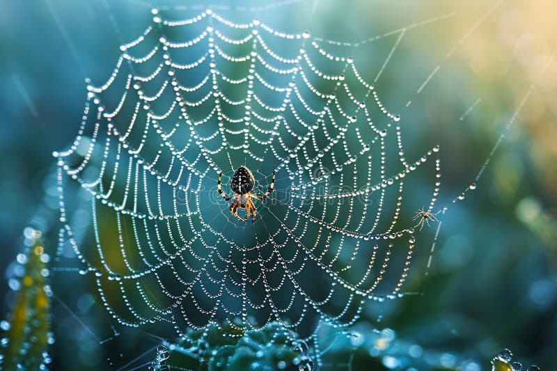 A delicate spider web is woven in the center of an open space, with dewdrops glistening on its threads against a blue and gre vector illustration