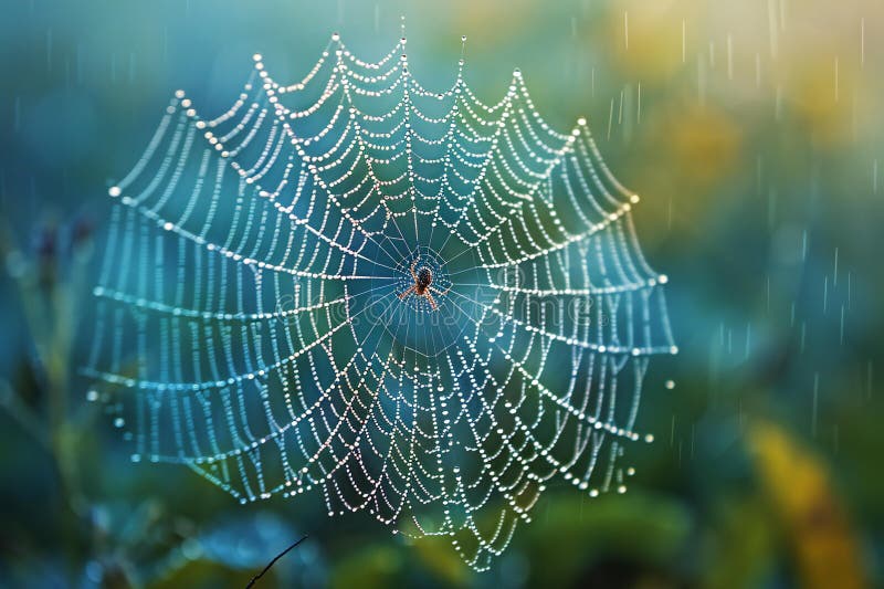 A delicate spider web is woven in the center of an open space, with dewdrops glistening on its threads against a blue and gre royalty free illustration