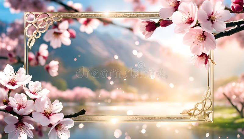 Delicate spring frame of sakura flowers on an elegant background with bokeh, spring sakura banner vector illustration