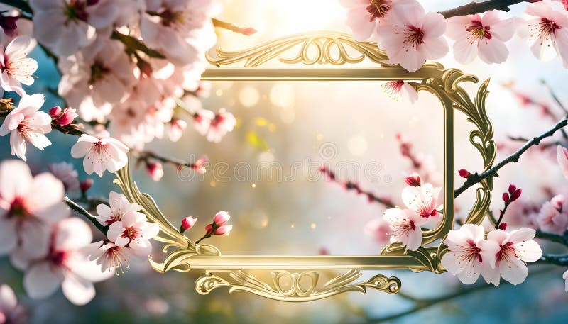 Delicate spring frame of sakura flowers on an elegant background with bokeh, spring sakura banner stock illustration