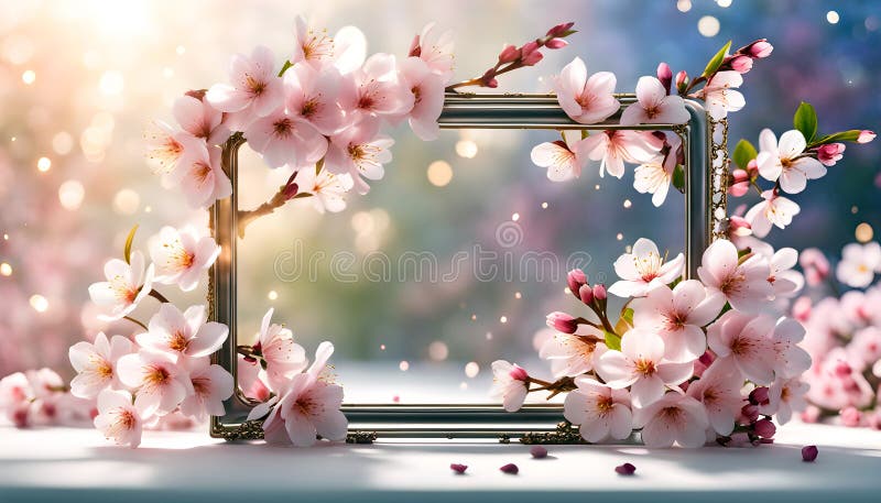 Delicate spring frame of sakura flowers on an elegant background with bokeh, spring sakura banner vector illustration
