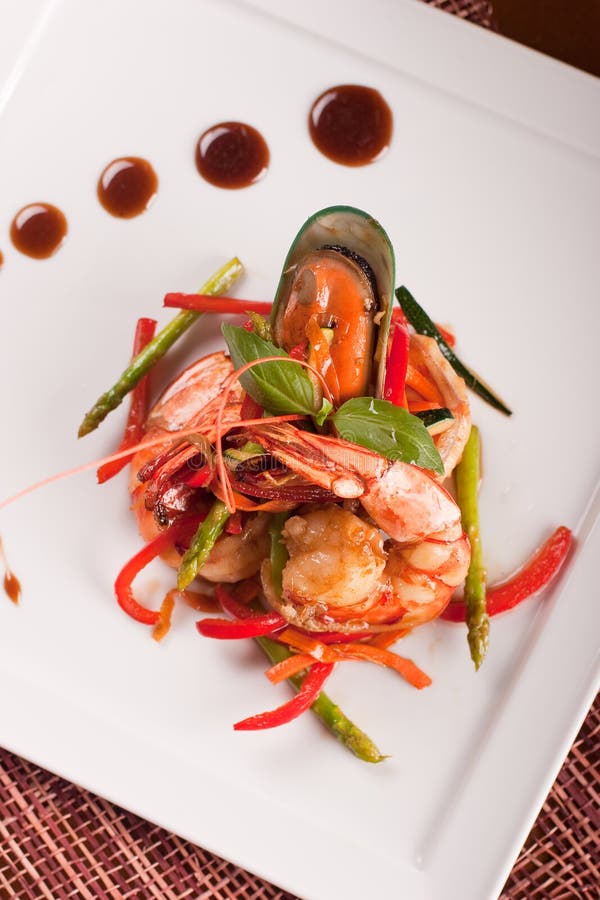 Delicatessen dish with seafoods