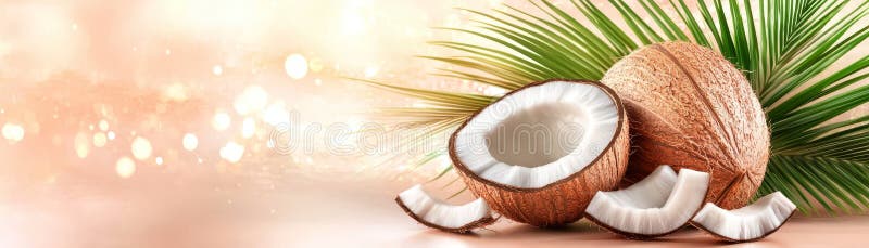 Delicia tropical cocos frescos con hojas verdes exuberantes sobre fondo rosa vibrante libre illustration