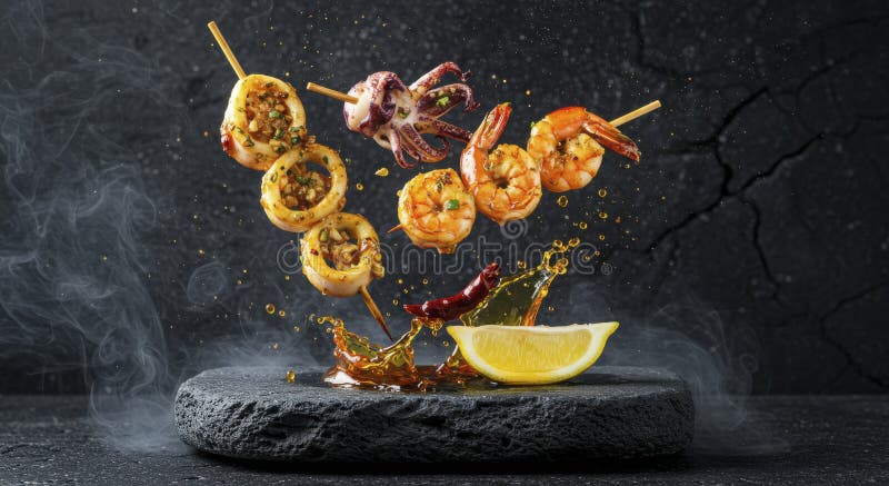 Delicii ale fructelor de mare : Frigarui la grătar de calmar de creveți și caracatiță cu stropi de lămâie vector illustration