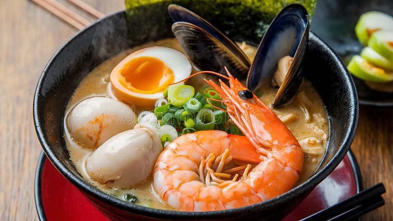 Delicioase Fructe De Mare Ramen Bowl Creveți Midii Ouă Tăiței royalty free illustration