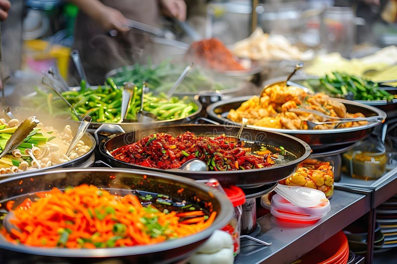 Delicioase Street Food Savory Dish Foods Vibrant Vegetables and Aromatic Sauces Serve Hot at at a Bustling Food Market stock photography