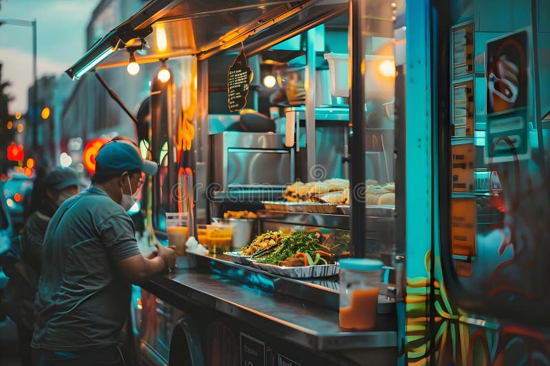 Delicioase Street Food Savory Dish și Reîmprospătarea băuturilor servite de la un camion de alimente vibrant la Night Consumers En stock images