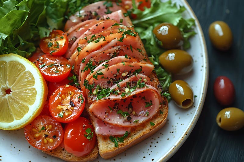 Delicios Jambon&Tomato Bruschetta Gourmet OpenFace Sandwich Recipisă royalty free illustration