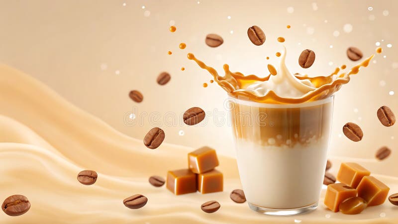 Delicios latte caramel cu boabe de cafea și cuburi de caramel splash ilustrație stock illustration