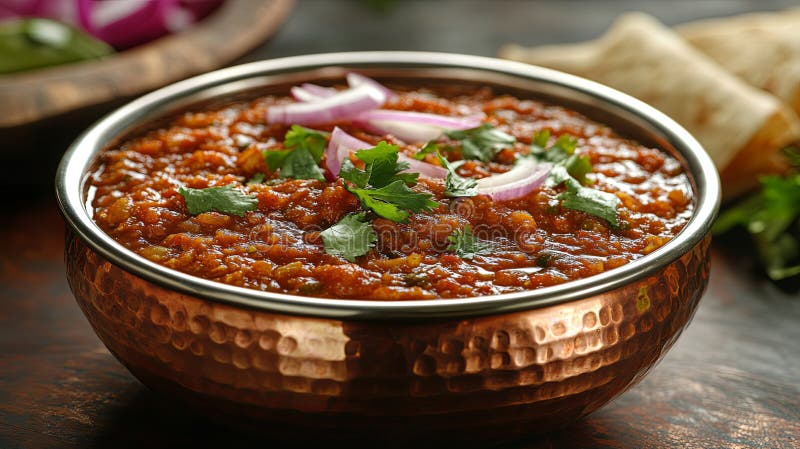 Delicios Pav Bhaji Servit în Cupru tradițional Bowl stock photo