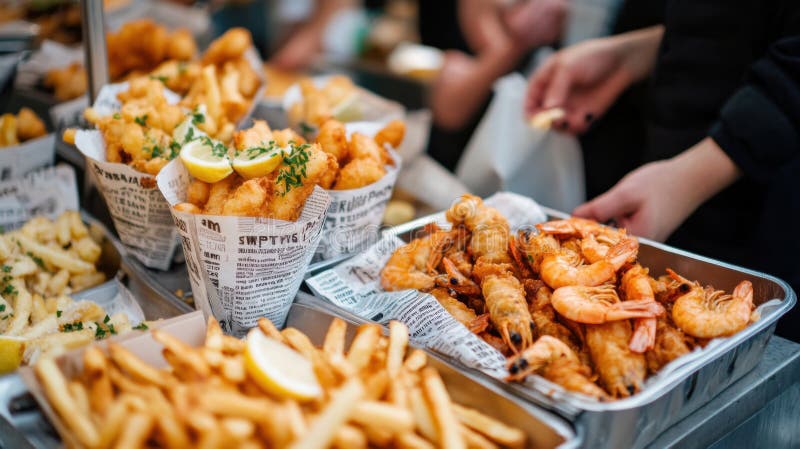 Delicios pe stradă, cu cartofi prăjiți prăjiți și cartofi prăjiți, și pește servit în conuri de hârtie la o masă bustling stock images