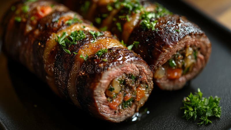 Delicios vas de roulade carne de vită pe o farfurie neagră. royalty free stock images