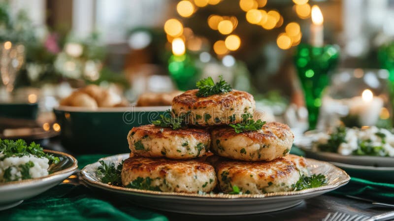 Deliciosa Comida Festial de Pasteles de Pescado Cruzado con Hierba ilustración del vector