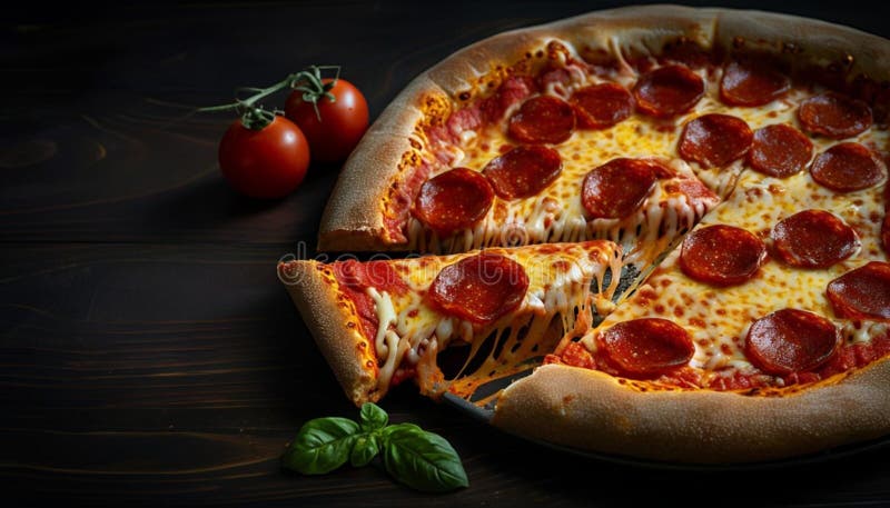Deliciosa pizza recién hecha servida en una mesa de madera oscura stock de ilustración