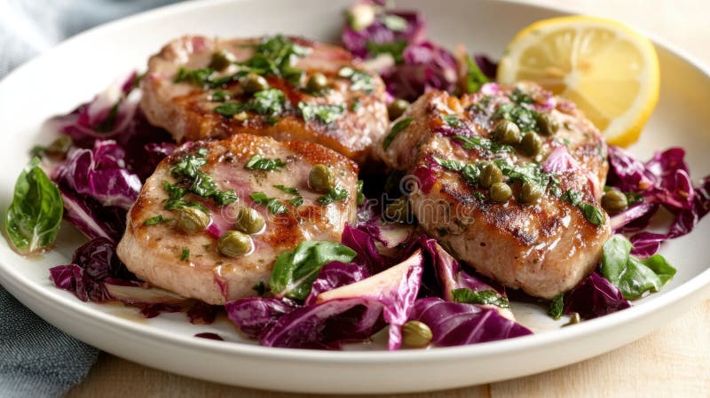Deliciosas costillas de cerdo a la parrilla con hierbas frescas y alcaparras sobre una ensalada de radicchio vibrante con aderezo ilustración del vector