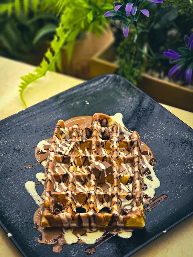 Delicioso gofre de chocolate recién hecho con salsa de chocolate decadente. foto de archivo