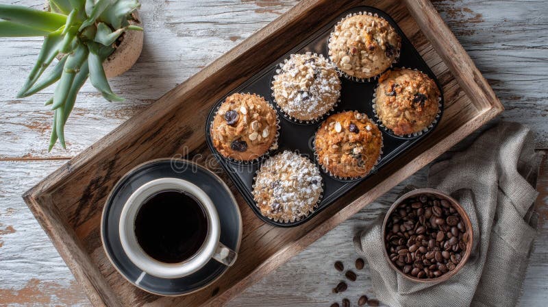Deliciosos muffins e café num tabuleiro de madeira rústica foto de stock royalty free
