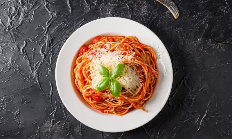 Delicious and appetizing pasta. Black table stock image