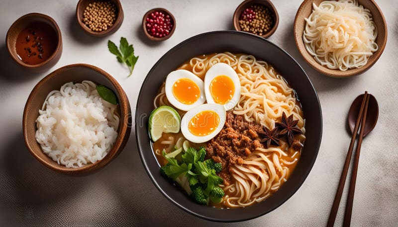 Delicious Asian Noodle Soup with Egg, Star Anise and Lime stock illustration