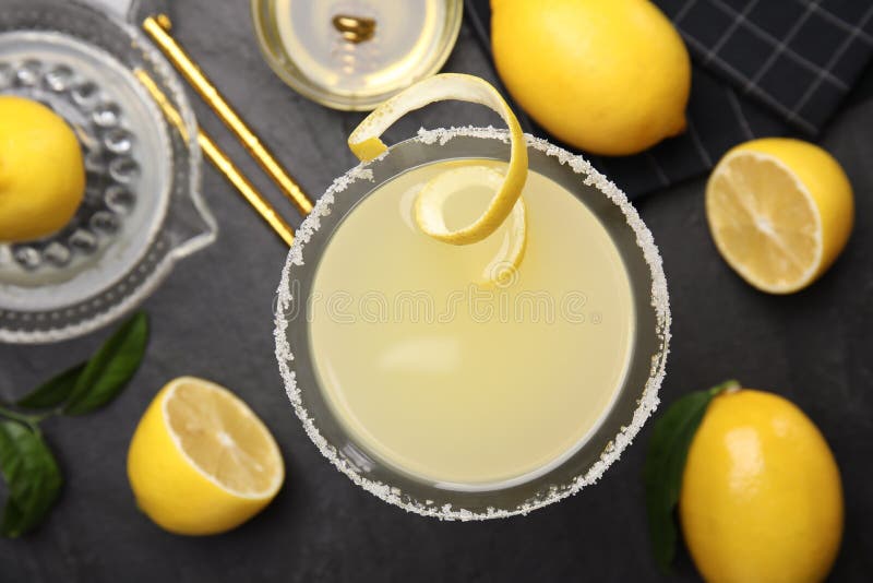 Delicious Bee`s Knees Cocktail and Ingredients on Black Table, Flat Lay Stock Image Image of