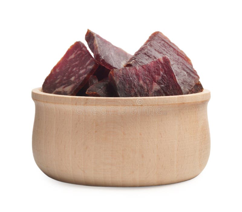 Delicious Beef Jerky in Wooden Bowl Isolated on White Stock Image
