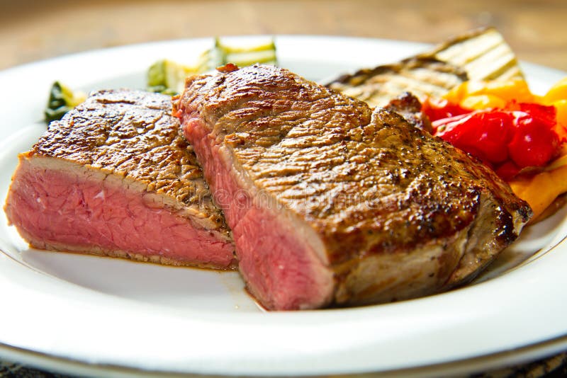 Delicious Beef Steaks on White Dish with Grilled Vegetables Stock Photo Image of dinner