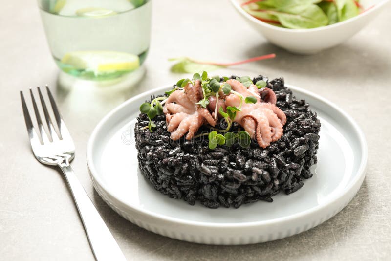 Black Risotto with Seafood Served on Plate Stock Image Image of