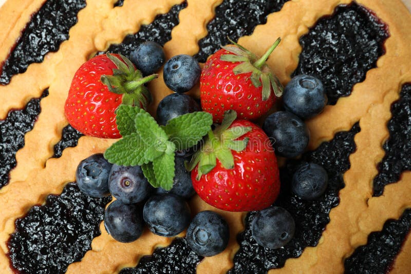 Delicious Blueberry Pie with Blueberry and Strawberry, Close Up Stock