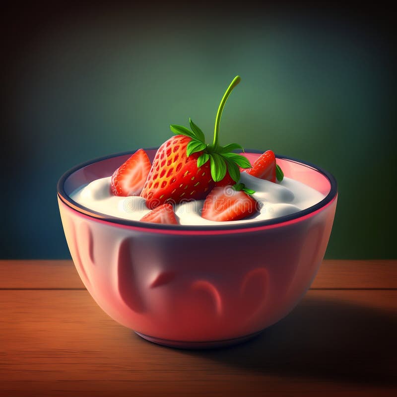 Delicious Bowl of Yogurt with Fresh Strawberries. AI Stock Image