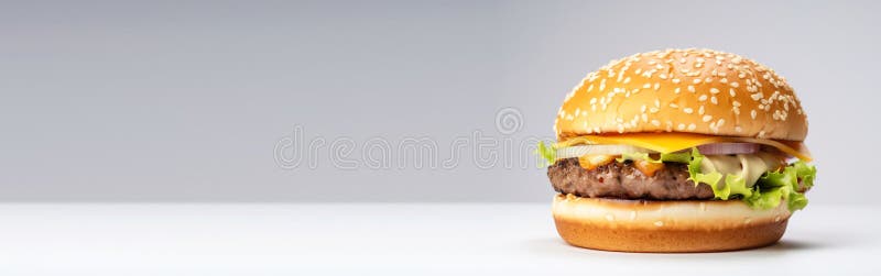 Delicious burger with beef cutlet, melted cheese on a white background. AI generated. Header banner mockup with space. royalty free stock photos Delicious burger with beef cutlet, melted cheese on a white background. AI generated. Header banner mockup with space. royalty free stock photos