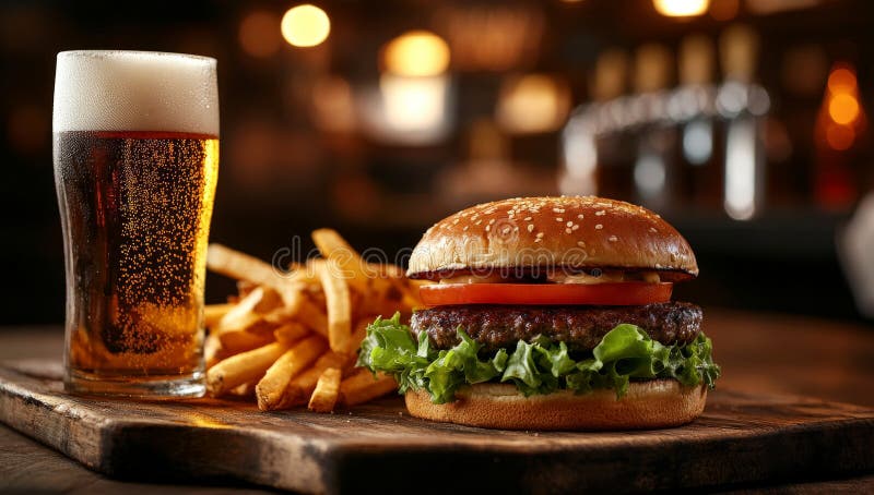 Burger and fries in cozy bar setting