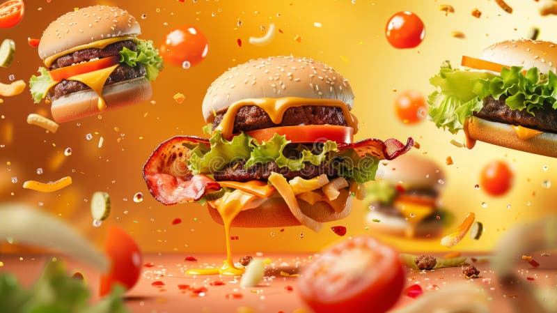 Cheeseburger suculent cu brânză cheddar topită și șuncă crocantă plutind pe fond colorat. această alimentație conceptuală stock images