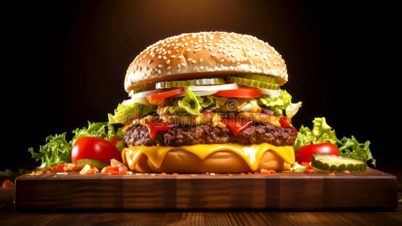Prospețime delicioasă : hamburger cu brânză și legume proaspete pe fond întunecat vector illustration