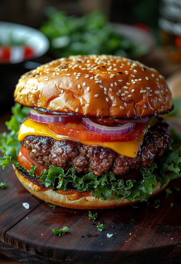 Delicious Cheeseburger with Lettuce Tomato Onion and Cheese Stock Photo