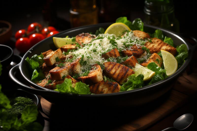 A Delicious Chicken Caesar Salad with Parmesan Cheese, Dressing and