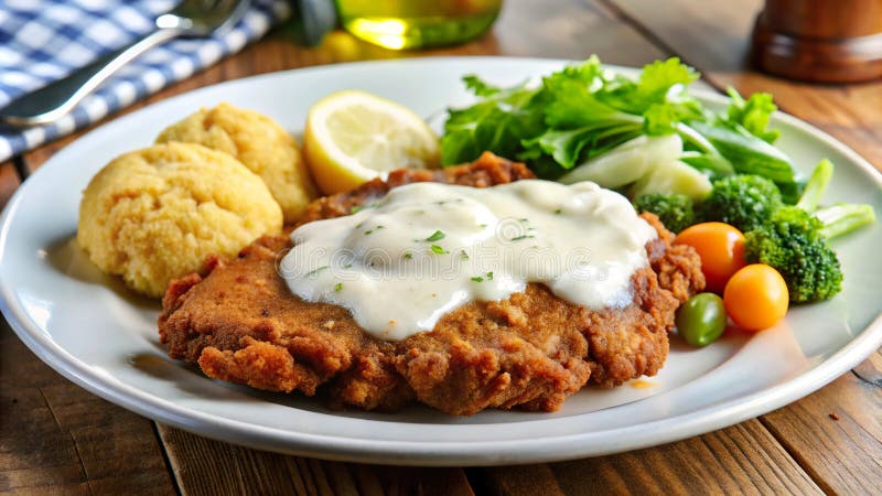 Delicious chicken fried steak served with creamy gravy, cornbread, and fresh vegetables on a rustic wooden table. Generative AI vector illustration